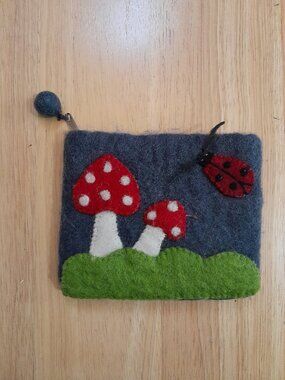 BNB Crafts Handmade Felted Wool Mushroom Ladybug Coin Pouch Purse